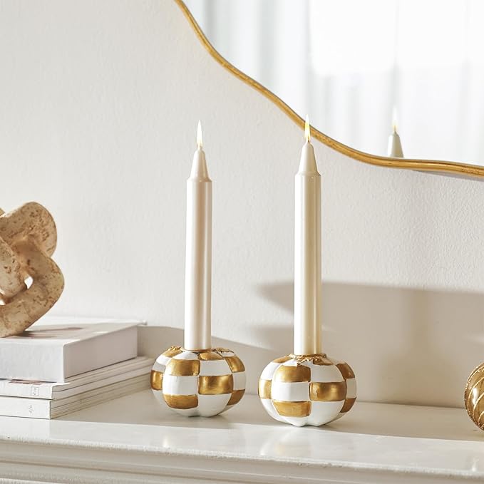 WDS WONDROUS Fall Pumpkin Candle Holder Set White & Gold Thanksgiving Decorations Halloween – 2PCS Checkered Pumpkin Candlestick Holders Decor – Taper Candle Holders, Autumn Table Centerpieces Decor