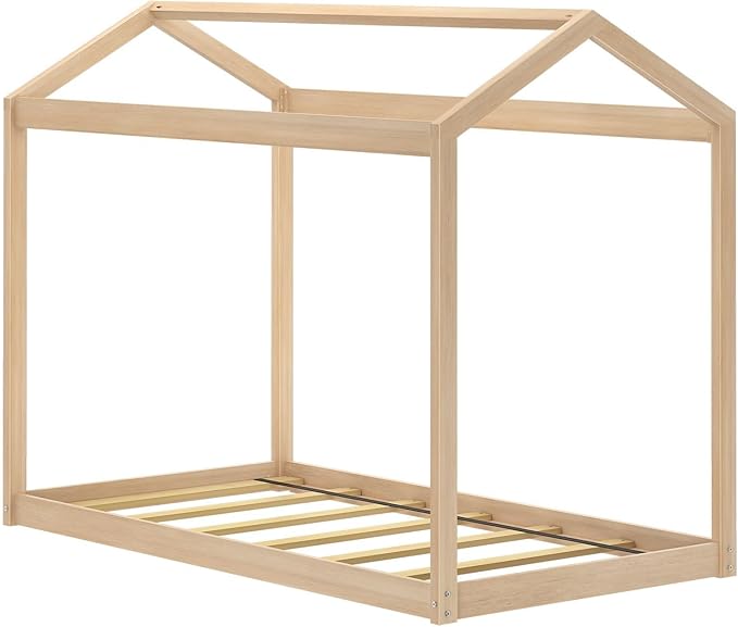 Max & Lily Twin Floor House Bed, Modern Solid Wood Low Bed Frame for Kids, Montessori Floor Bed for Bedroom, Playroom, Wooden Slats, Blonde