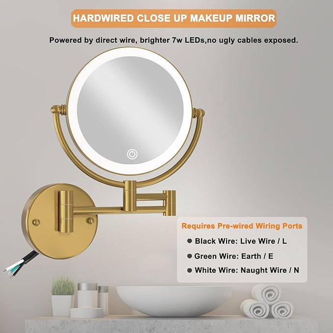 8" Make up Mirror Wall Mounted Lighted 10X Magnifying Hard Wired, Double Sides 3 Color Lighting Touch Dimming, 360 Swivel Extended Arm Shaving Light up Mirror for Bathroom, Brushed Moderne Brass