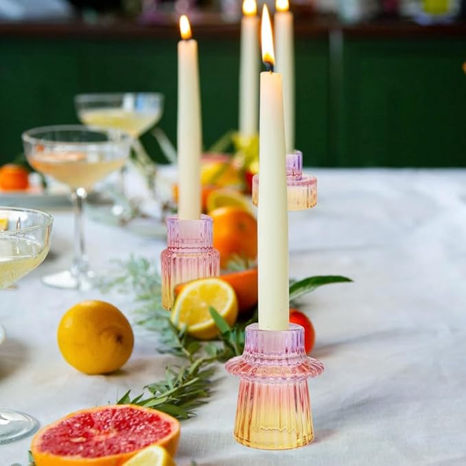 Vixdonos Taper Glass Candlestick Holders Tealight Candle Holders for Table Centerpieces, Wedding Decor and Dinner Party (6 Pcs, Purple-Pink-Yellow)