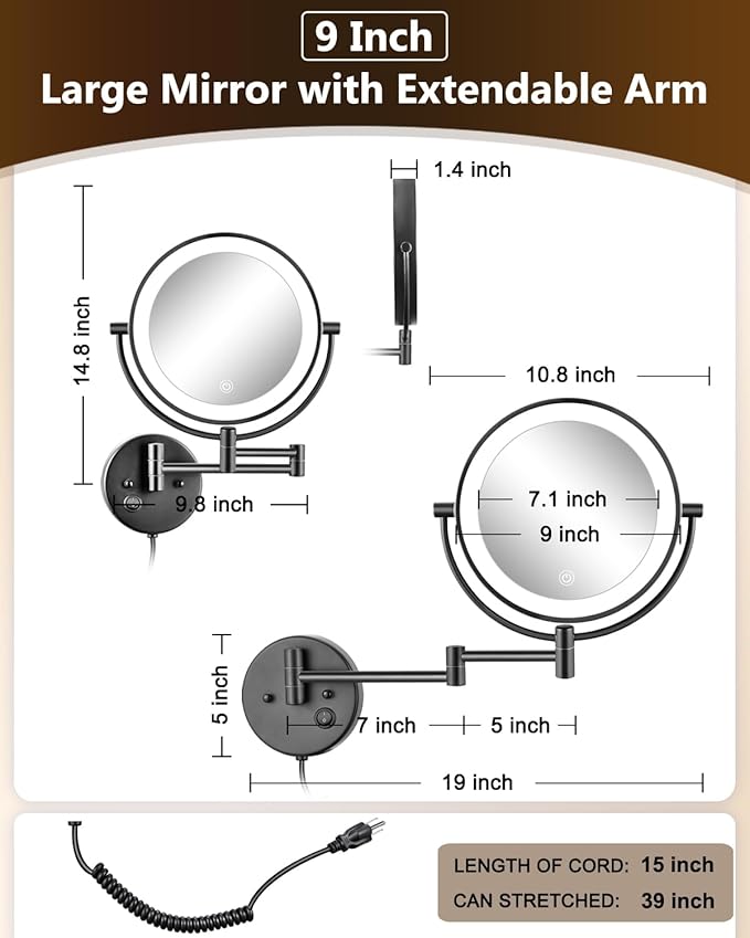 ALHAKIN 9" Wall Mounted Lighted Makeup Mirror, Large Rechargeable 1X/10X Magnifying Mirror with 3 Color Lights Dimmable, 360° Rotation, Nickel