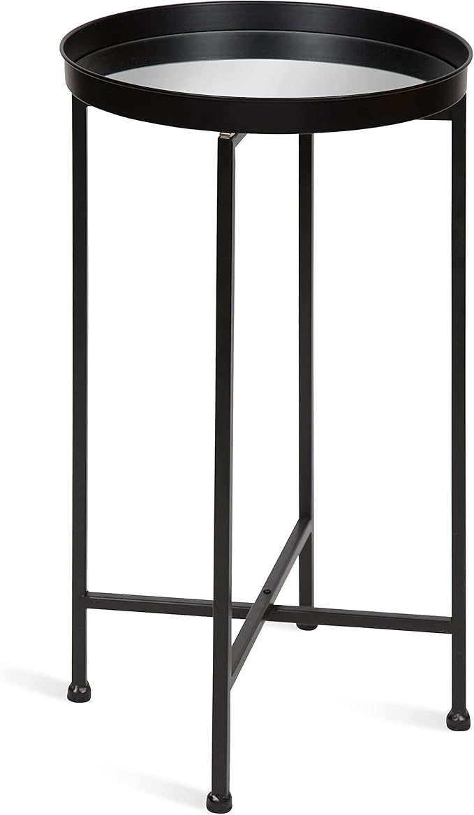 Kate and Laurel Celia Round Metal Foldable Accent Table with Mirror Tray Top, Black