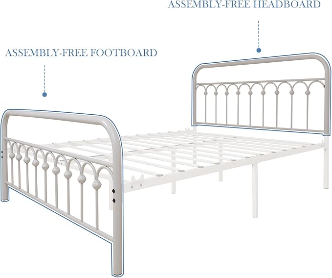 YALAXON Vintage Sturdy Queen Size Metal Bed Frame with Headboard and Footboard Basic Bed Frame No Box Spring Needed (Queen,White)