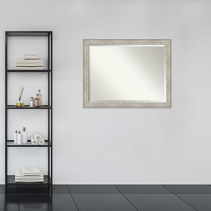Amanti Art Silver Bathroom Mirror for Over Sink, 35x45 Crackled Metallic Rectangle Vanity Mirror, X-Large Country Rustic Frame, Hangs Horizonally and Vertically, Bathroom Wall Decor, Beveled Edge