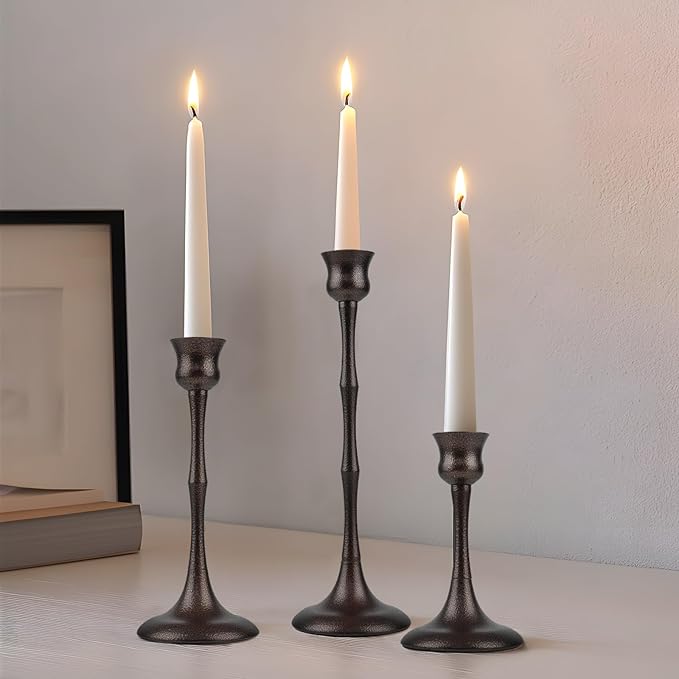 Vintage Metal Candlestick Holders, Set of 3 Bronze Candle Holders for Candlesticks Antique Taper Candles Stands Candle Sticks Holder for Housewarming Wedding Mantelpiece Table Centerpiece Decor