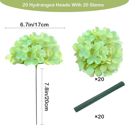 20 Pcs Green Hydrangea Artificial Flowers Bulk, Faux Hydrangea Flowers Heads, Artificial Fake Silk Hydrangea Flowers with Stems, Green Flowers Artificial for Decoration Wedding Décor Crafts