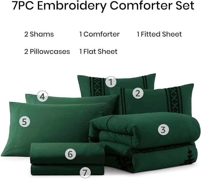 MaiRêve Embroidery Queen Size Comforter Set Emerald Green, Boho Farmhouse Western Bedding Set 7 Pieces, All Season Bed in A Bag Comforter Set with Sheets, Pillowcases & Shams