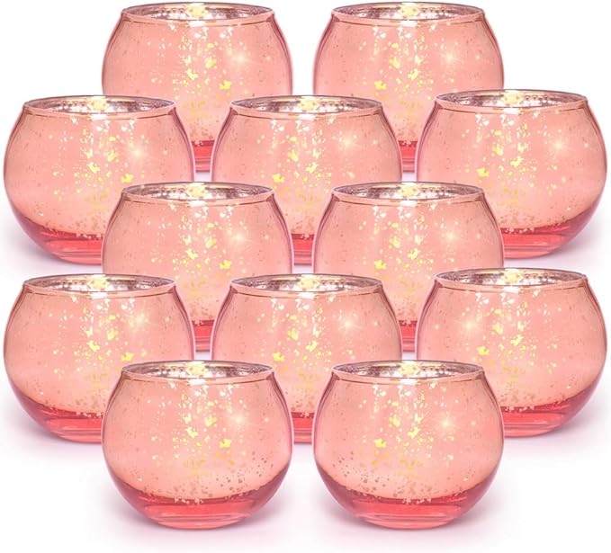 Volens Round Rose Gold Votive Candle Holders, Mercury Glass Tealight Candle Holder Set of 12