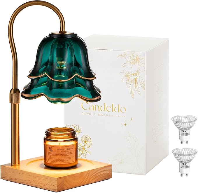 Candle Warmer Lamp with Timer: Flower Candle Warmer with 2 Bulbs Green Height Adjustable Candle Warming Lamps Home Bedroom Decor Birthday Gift for Women
