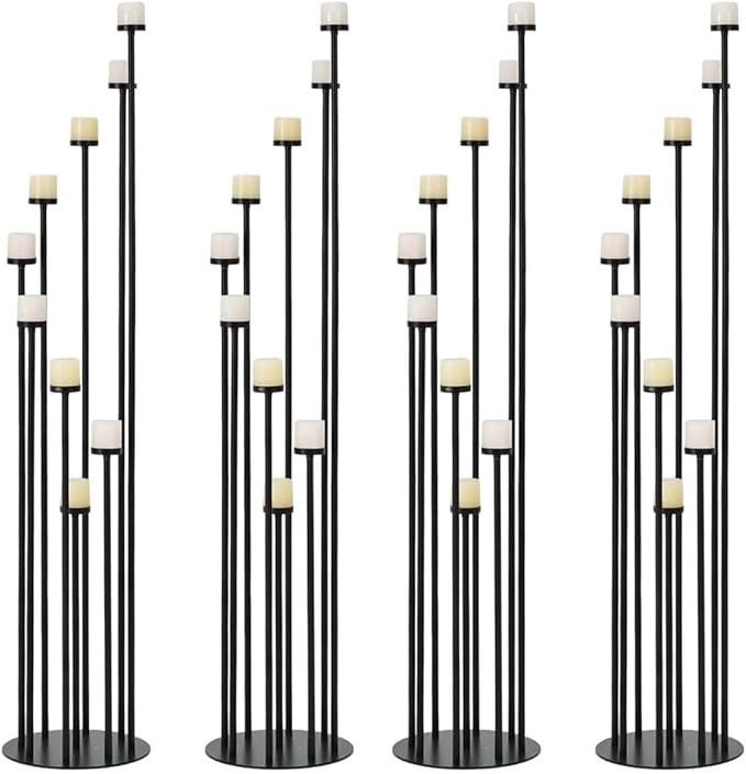 Set of 4 Floor Candle Holders,9 Arm Candle Holder for Fireplace Decoration,Black Metal Candle Stick Holders for Pillar Tealight Candles on Home Derecotion