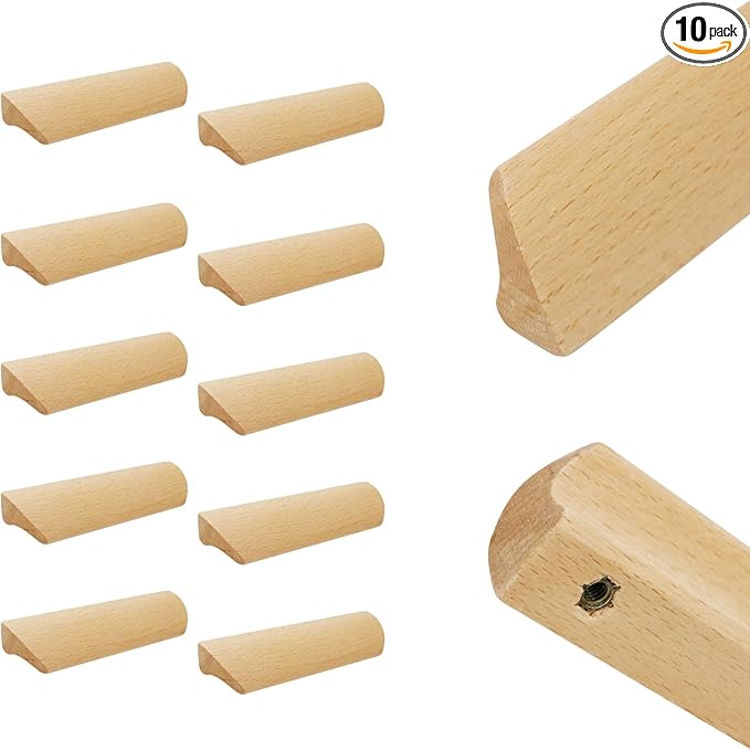 10Pcs Unfinished Wood Solid Furniture Pulls Handles,Unfinished Unpainted Paintable Wooden Handles Cupboard Closet Drawer Handle Pull,Length 4.84",Hole Dis.3.78"
