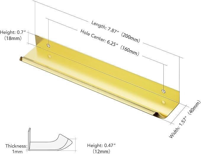 Ravinte Hardware 6 Pack Gold Cabinet Handles, 7.8 Inch (200mm) Finger Edge Pulls, 6-1/4 Inch Hole Center, Finger Pulls for Cabinets