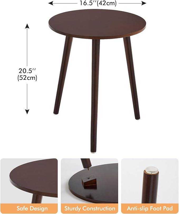 Apicizon Side Tables End Table Bedroom, Dark Brown Round Side Table Nightstand Bedside Table for Living Room, Nightstands Coffee Table with Brown Wood Legs