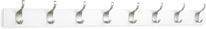 Amazon Basics Wall Mounted Modern Coat Rack with Versatile Storage Hooks, Rectangular, 8-Hook, White