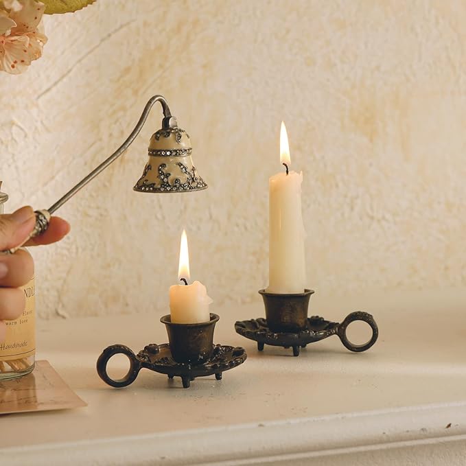 NIKKY HOME Taper Candle Holders with Handle, Set of 2 Rustic Metal Candlestick for Table Centerpieces, Wedding Decor and Dinner Party, Brown