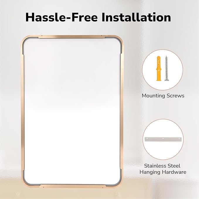 USHOWER Gold Bathroom Mirror 24"x36", Brushed Gold Rounded Rectangle Mirror for Over Sink, Aluminum Frame, Anti-Rust, Tempered Glass, Horizontal or Vertical Mounted