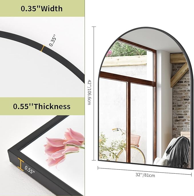 BEAUTYPEAK 32"x42" Arch Bathroom Mirror, Wall Mounted Vanity Metal Frame Mirror for Bedroom, Entryway, Living Room, Black