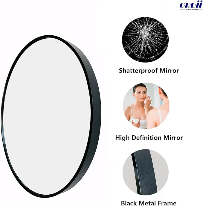 Round Mirror, Black Round Mirror 24 inch, Circle Wall Mirrors Metal Frame, Circular Mirrors for Wall, Living Room, Bathroom, Vanity, Entryway, Hallway.