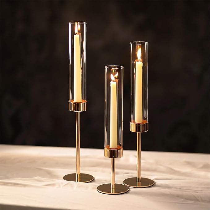 NUPTIO Hurricane Candlestick Holders for Centerpiece: Gold Taper Candles Stick Holders with Clear Glass Chimney - Tall Candleholder Set of 3 for Birthday Party Outdoor Decor
