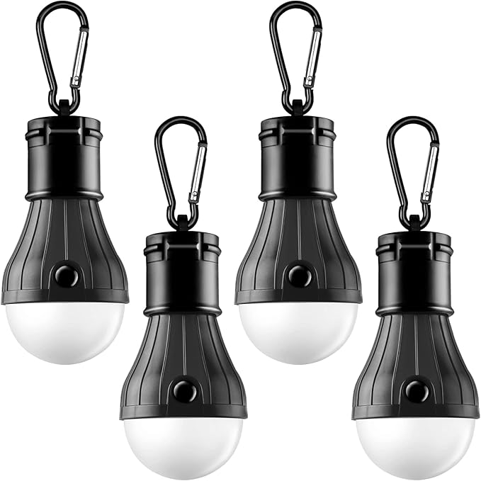 Portable LED Tent Lamp Emergency Lights with Hook, Hurricane Bulb Lantern Equipment for Camping, Hiking, Backpacking, Fishing Outage, Multicolor, 4 Pack