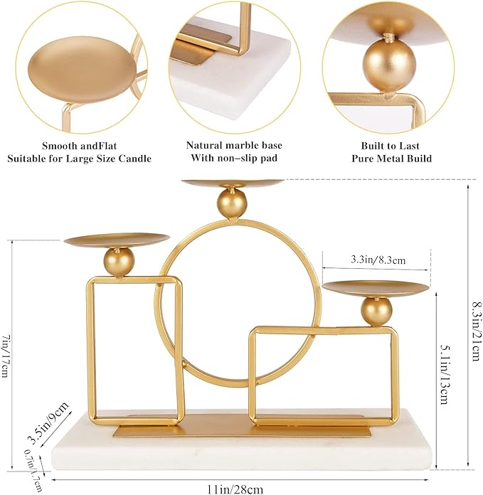Gold Candle Holders for Pillar Candles with Marble Base 3 Arms Metal Candelabra Candle Holders Gold Home Decoration Elegant Candle Stand for Table Centerpieces,Fireplace,Anniversary
