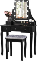 CHARMAID LED Vanity Desk with Lighted Mirror, 10 Dimming Bulbs, 5 Drawers, 3 Storage Organizers, Makeup Vanity Desk with Stool, Bedroom Dressing Table, Gift for Girls Women (Black)