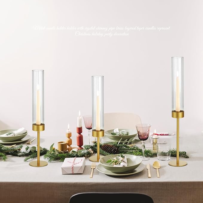 Glass Hurricane Candle Holders Set (3pcs)-Gold Metal Base Taper Candle Stick Holders for Candlesticks Holder Decor, Elegant Dining Table Centerpiece for Wedding, Christmas & Home Decor-Ribbed Glass