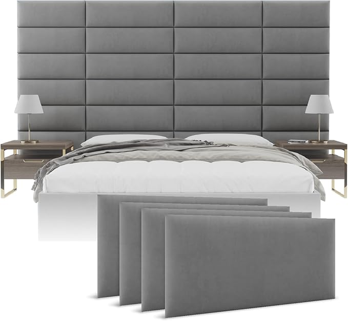 Vänt Upholstered Wall Panels - Queen/Full Size Wall Mounted Headboards - Micro Suede Grey - Set of 4 Panels (Each Individual Panel 30"x11.5")
