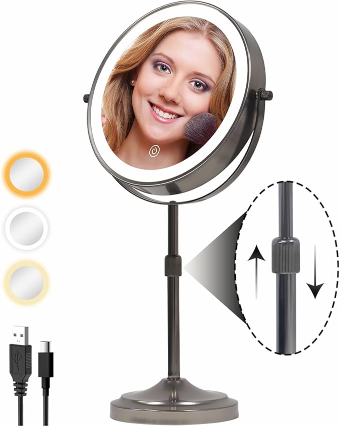 9" Lighted Makeup Mirror with with Lights and Magnification 1X/10x, 5000mAh Rechargeable Magnifying Vanity Mirror, 3 Light Colors Dimmable & Height Adjustable Mirror Gunmetal Grey