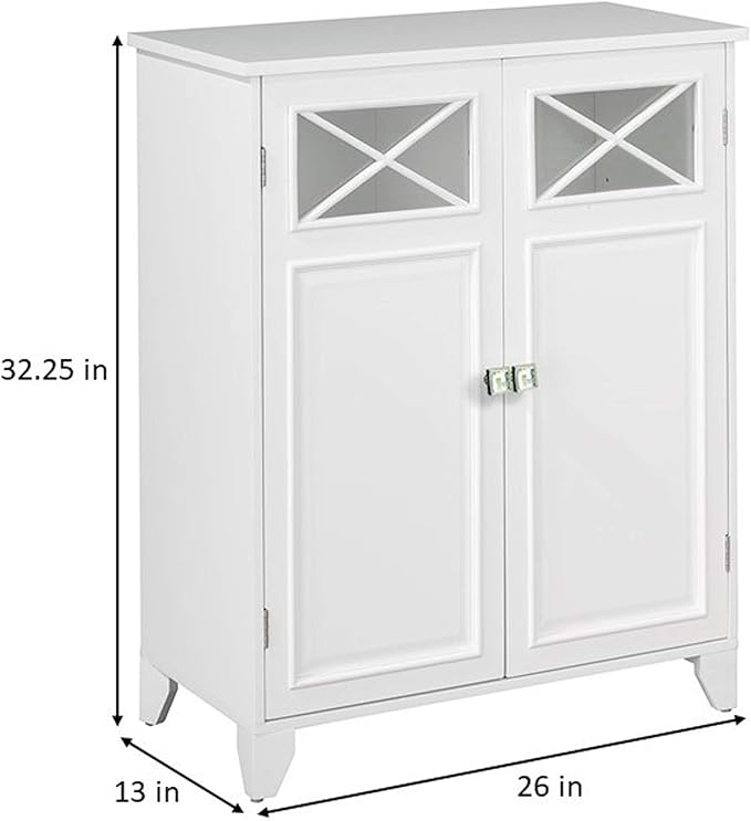 Teamson Home Dawson Wooden Freestanding Floor Cabinet with 1 Fixed 1 Adjustable Shelves 3 Storage Spaces 2 Glass Paneled Doors and 2 Clear Knobs, White