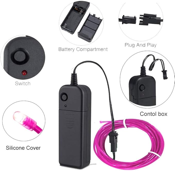 MaxLax EL Wire Purple, 2M Portable Battery Pack Neon Light Strip 360° Cuttable Glowing Rope Lights for Parties, Halloween, DIY Decoration