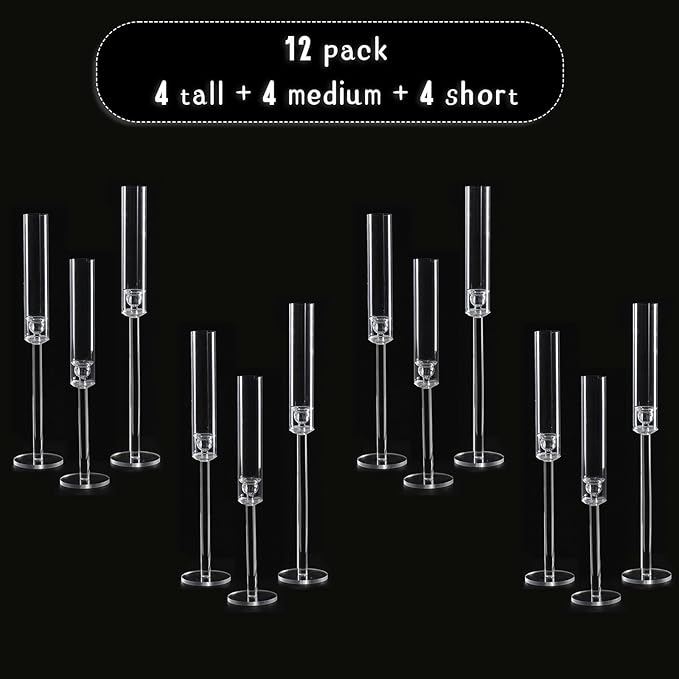 Vincidern 12pcs Taper Candle Holder Acrylic Candlestick Holder Clear Set for Table Centerpiece, Long Candle Stick Candle Stand Cylinder Shade for Halloween, Christmas Wedding Party Dining Room Decor