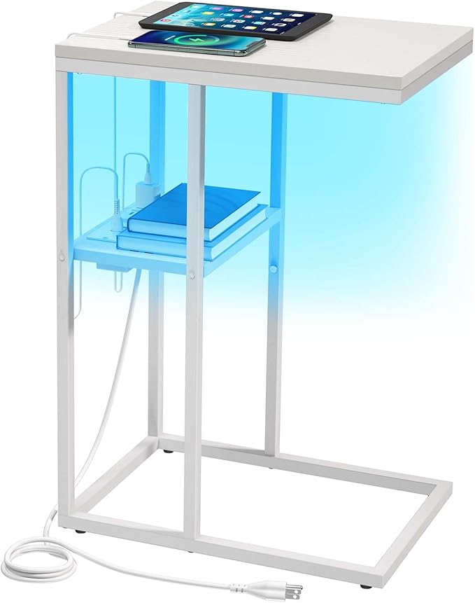 Yoobure LED C Shaped End Table with Charging Station, Small Side Tables for Living Room Bedroom, TV Tray Table with USB Ports and Outlets for Small Spaces, C Table for Couch Sofa, Bed Side Table