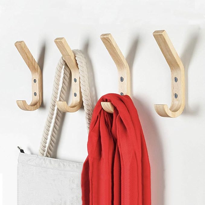 Wooden Coat Hooks Wall Hooks,Natural Oak Wood Hooks Decorative Vintage Wood Wall Hooks Organizer Heavy Duty Wall Mounted Hooks for Hanging Coats, Key, Cap, Cup (4 Pack)