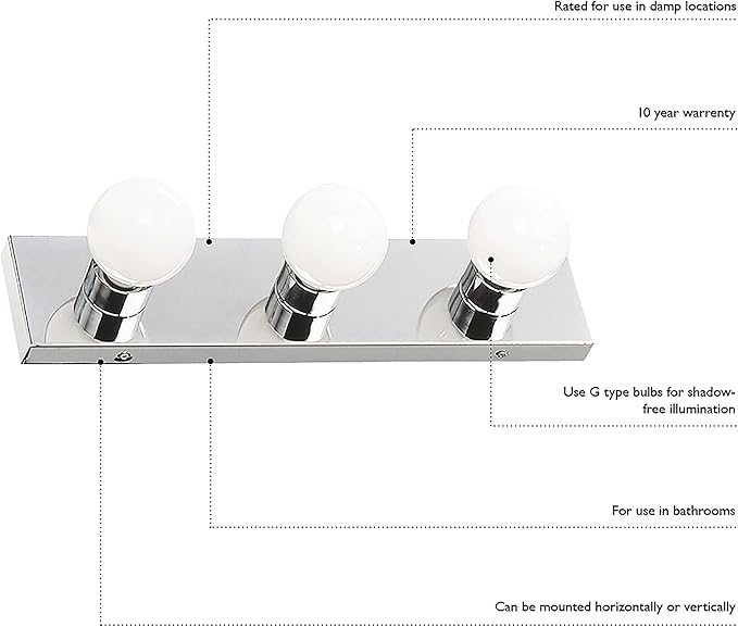 Design House Vanity Lights, 6 Linear Lights, Dimmable, Horizontal or Vertical Use, Uses (6) 60W Bulbs, For Bathroom/Makeup Vanity, Polished Chrome, 36.0 in. L x 4.33 in. H x 2.0 in. D, 500942