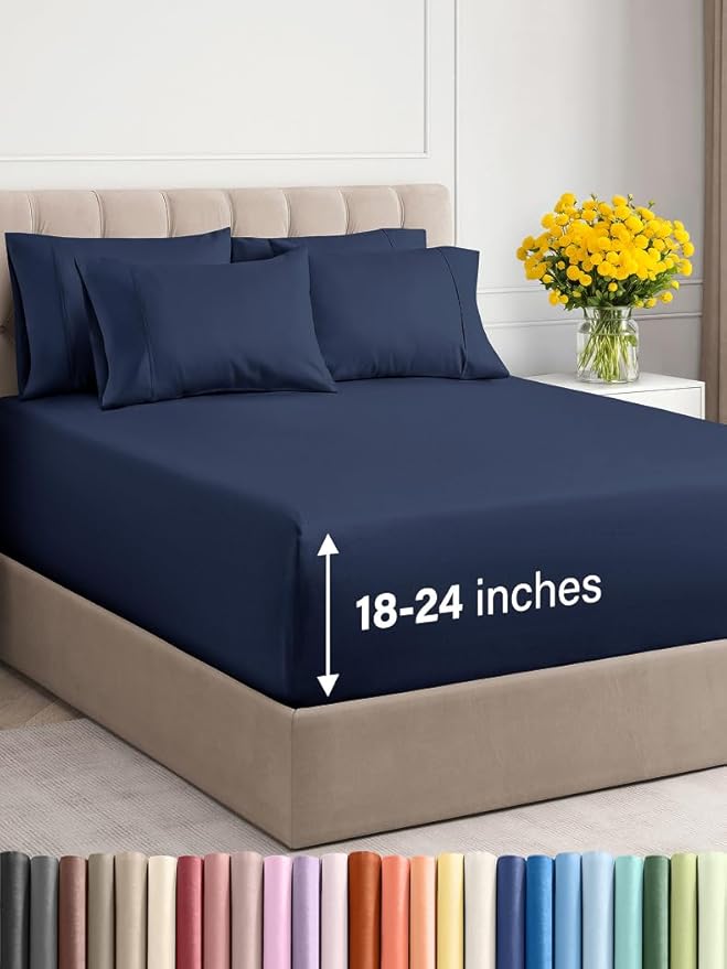 Extra Deep Cal King Sheet Set - 6 Piece Breathable and Cooling Sheets - Hotel Luxury Bed Sheets Set - Easy Fit - Soft, Wrinkle Free and Comfy Sheets Set - Navy Blue Sheet Set with Extra Deep Pockets