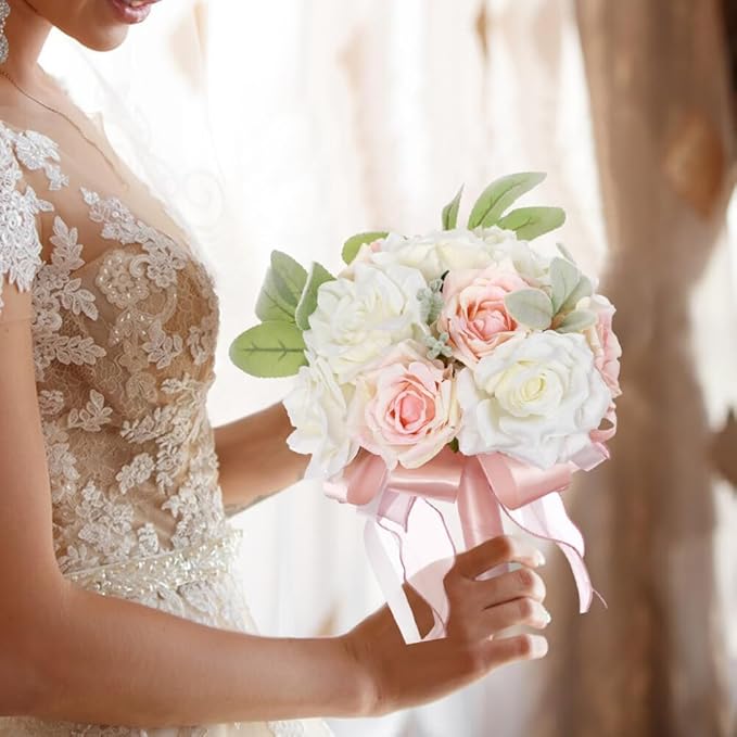 Artificial Rose Wedding Bouquets - Ribbon Faux Bridal Bouquets for Bride & Bridesmaid - Holding Flower for Wedding Decor