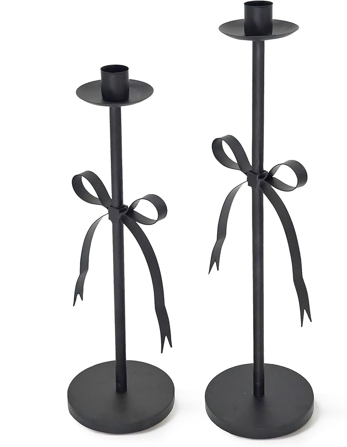 Black Taper Candle Holder Set of 2-Metal Bow Candle Sticks Holder Decor,Modern Tall Candle Holder,Decorative Candlesticks for Fireplace, Wedding, Holiday & Christmas