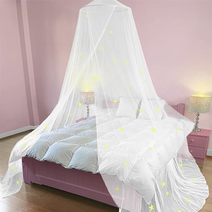 BCBYou Mosquito Net Canopy with Glow in Dark Stars for Baby, Kids, and Adults - Cover The Crib, Kids Bed, Full Size Bed (White)