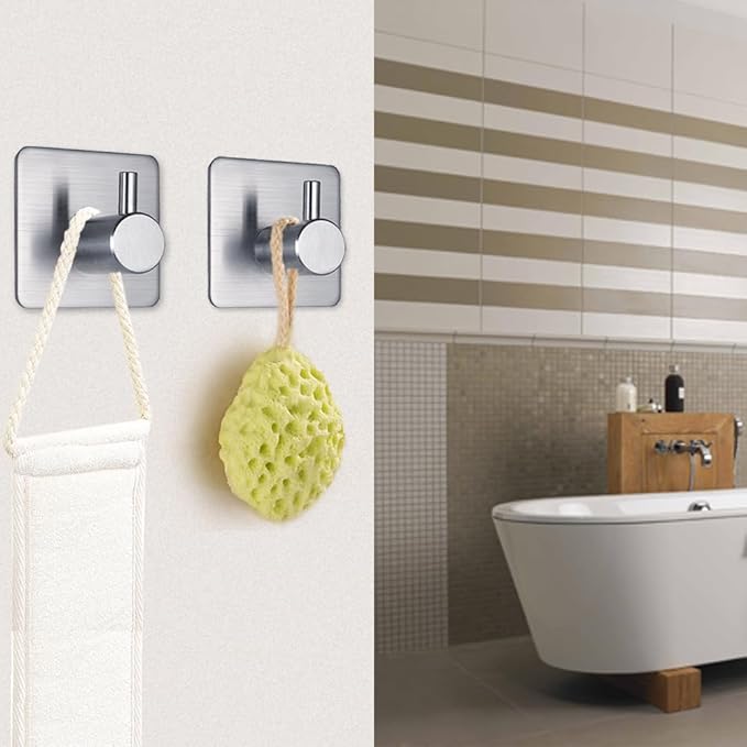 Adhesive Towel Hooks Heavy Duty Wall Hooks Waterproof Stainless Steel Hanger for Hanging Coat, Hat, Towel Robe Hook Rack Wall Mount- Bathroom and Bedroom 4-Packs