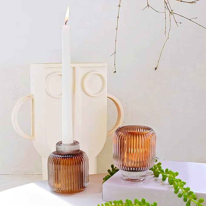 Woho Brown Votive Candle Holders Bulk of 4 for Fall Decor, Tealight Candle Holder for Halloween/Thanksgiving, Vintage Glass Tea Lights Candle Holder for Dining Table(Brown, 3.5'' Tall 3.1'' Diameter)