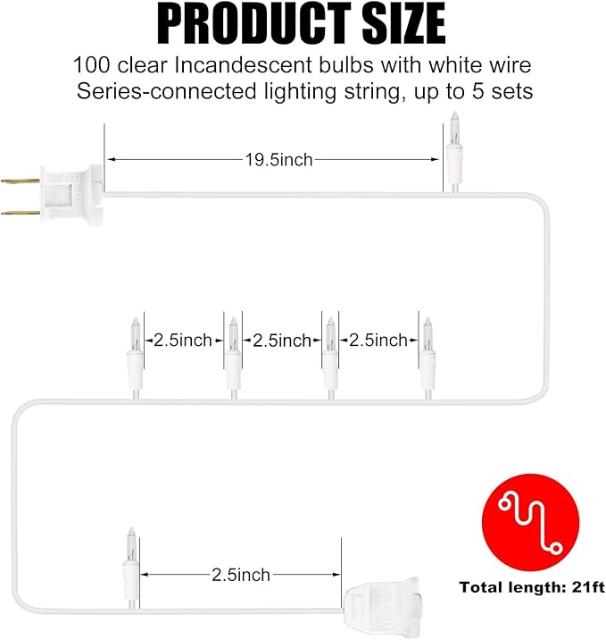 LIDORE Super Bright Clear Mini Christmas Tree String Lights, Gift for Decoration, 21.45FT 100 Count Bulbs with White Cord, UL Listed Indoor Outdoor Lighting for Holiday (White Cable, 1-Pack)