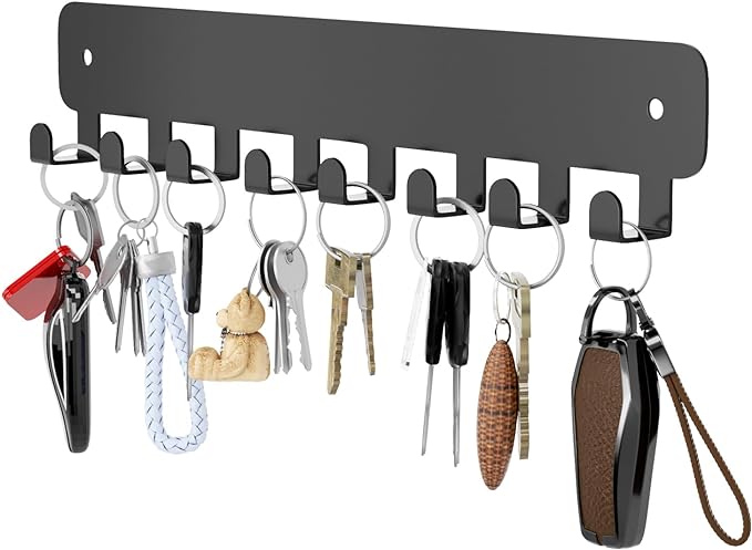 pickpiff 1 Pack Key Holder for Wall Adhesive, Key Hooks with 8 Hooks Wall Mounted, Black Key Hangers for Living Room, Kitchen, Office