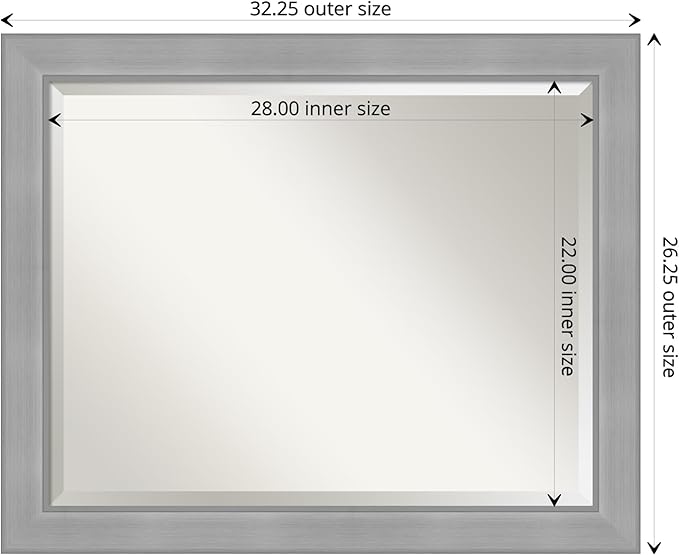 Amanti Art Silver Bathroom Mirror for Over Sink, 26x32 Vista Brushed Nickel Rectangle Vanity Mirror, Large Casual Frame, Hangs Horizonally and Vertically, Bathroom Wall Decor, Beveled Edge
