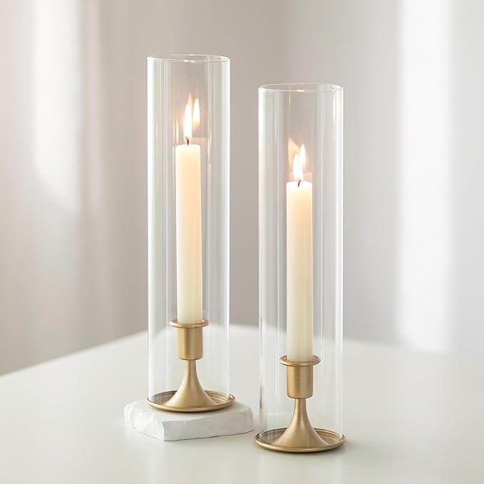 Romadedi Hurricane Candlestick Holders Gold - Taper Candle Holders Tall Clear Glass Cylinder for Wedding Table Centerpieces Party Decor Birthday Christmas Home Decorations Set of 2