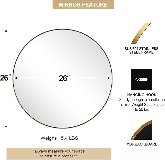 ANDY STAR 26 Inch Round Mirror, Brass Bathroom Mirror, Gold Circle Mirror with Stainless Steel Frame for Bathroom, Vanity, Living Room, Entryway