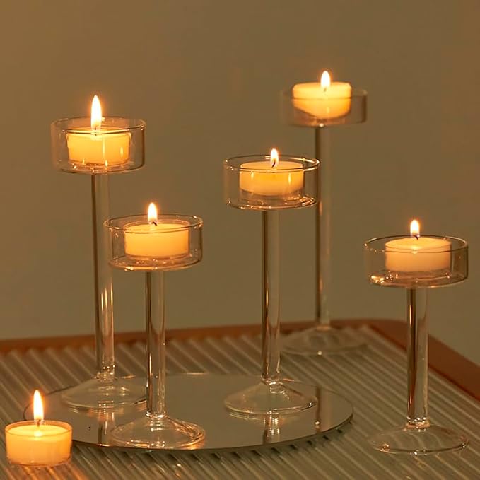 Tealight Candle Holder, Glass Candle Holder, Clear Wedding Hurricane Tall Elegant Ideal for Dining Party Home Decor Party Table Settings Gifts, 6 Pcs