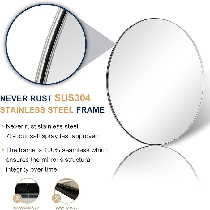 ANDY STAR Round Chrome Mirror, 30 inch Round Chrome Mirror, Circle Bathroom Mirror for Bathroom in Stainless Steel Metal Frame