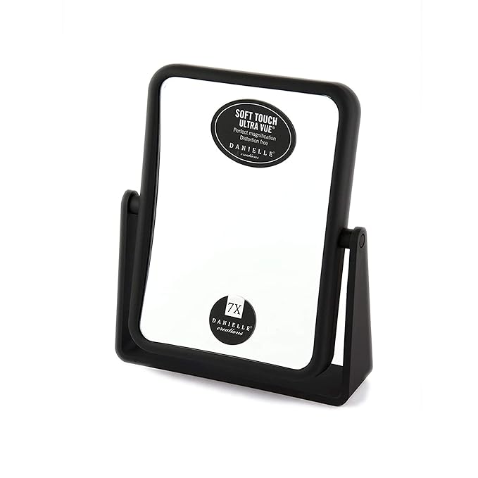 Danielle Creations 6.75-Inch Magnifying Vanity Makeup Mirror Rectangular Soft Touch Finish with 7X Magnification and 360 Swivel, Black