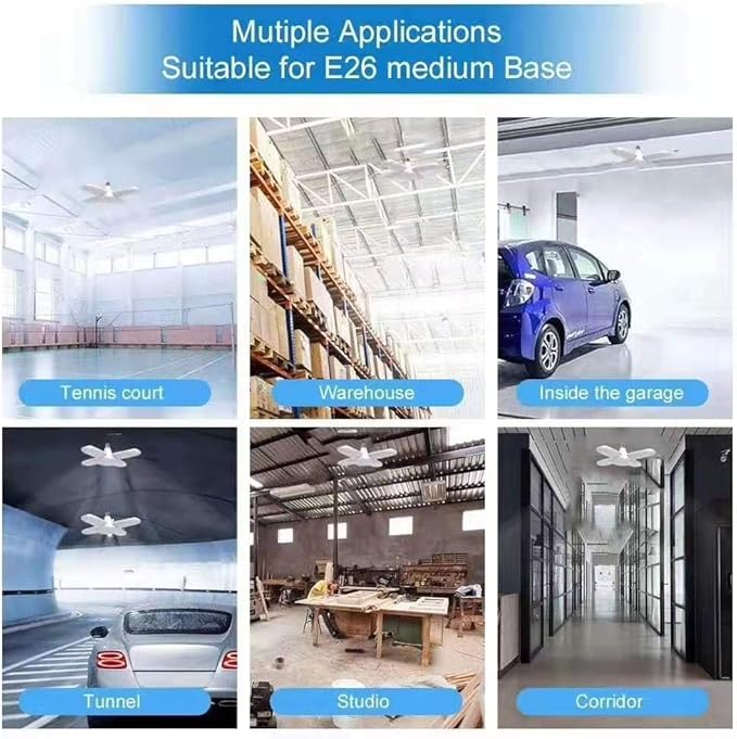 (2 Pack) LED Garage Lights, 60W Trilights Ceiling, High Low Bay Deformable Adjustable 4 Led Light Bulbs 6000LM 6000K, Screw in Tribright Garage Lighting Fixture,CRI80 Daylight